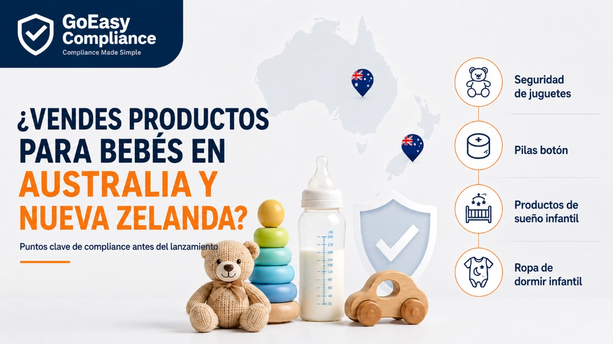 Puntos clave de compliance para vender productos para bebés en Australia y Nueva Zelanda, incluyendo seguridad de juguetes, pilas botón, productos de sueño infantil y ropa de dormir infantil.
